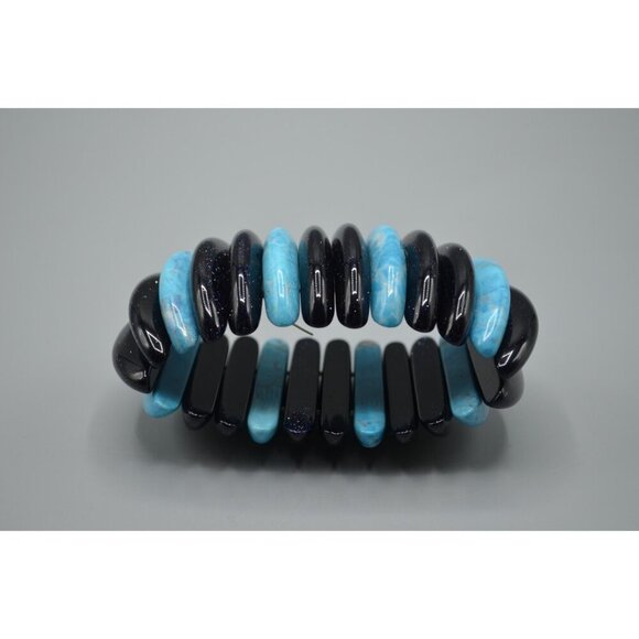 Goldstone & Turquoise Long Bead Stretch Bracelet Chunky Large Bangle Jewelry - Picture 2 of 8